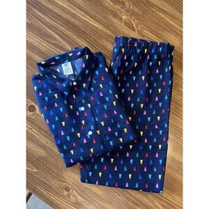 Lands End Blue Flannel Pajama Set Women 20 Top Bottom Soft Colorful Trees Winter